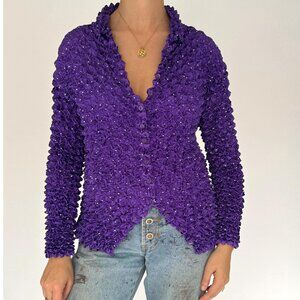 90s Y2K vintage purple sparkly stretchy collared popcorn blouse button up top